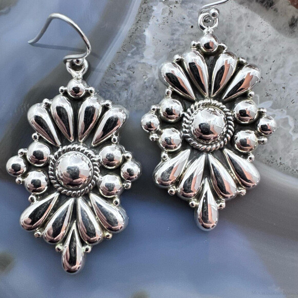 Southwestern Style Sterling Silver Floral Decorated Dangle Earrings For Women - Picture 5 of 10